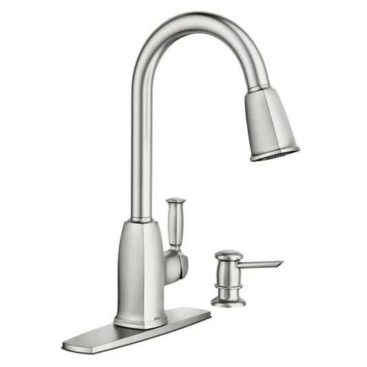 Moen Wellsley Pull-Down Spray Kitchen Faucet with Power Clean and Reflex Technology - Includes Soap Dispenser