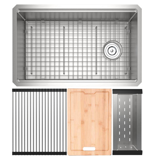 Rohl Culinario RUWUM3019WSSB Single Bowl Undermount Stainless Steel Kitchen Sink with Basin Rack, Basket Strainer, Colander, and Cutting Board